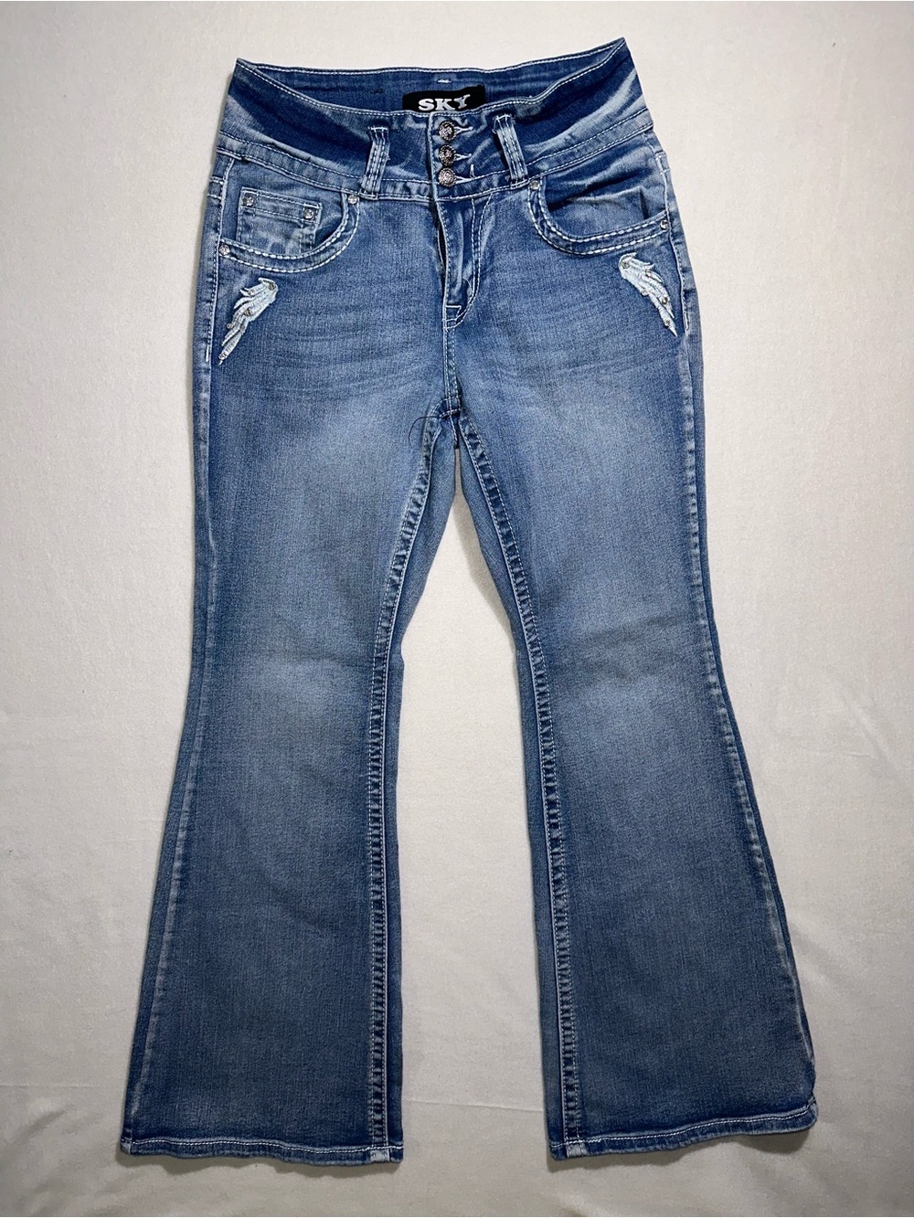 Sky Women's Light Blue Flared Jeans with Subtle Distress